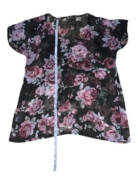 Zenana Outfitters Black Floral Short Sleeve Top with Pink Roses See Through